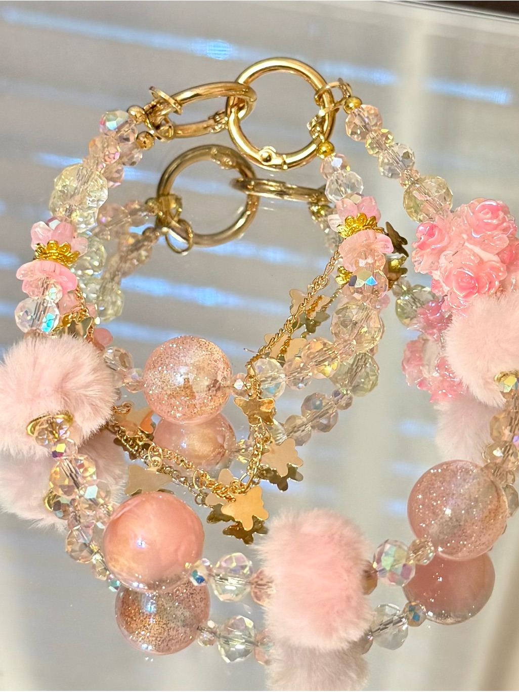 Pink Crystal & Pom-Pom Phone Chain